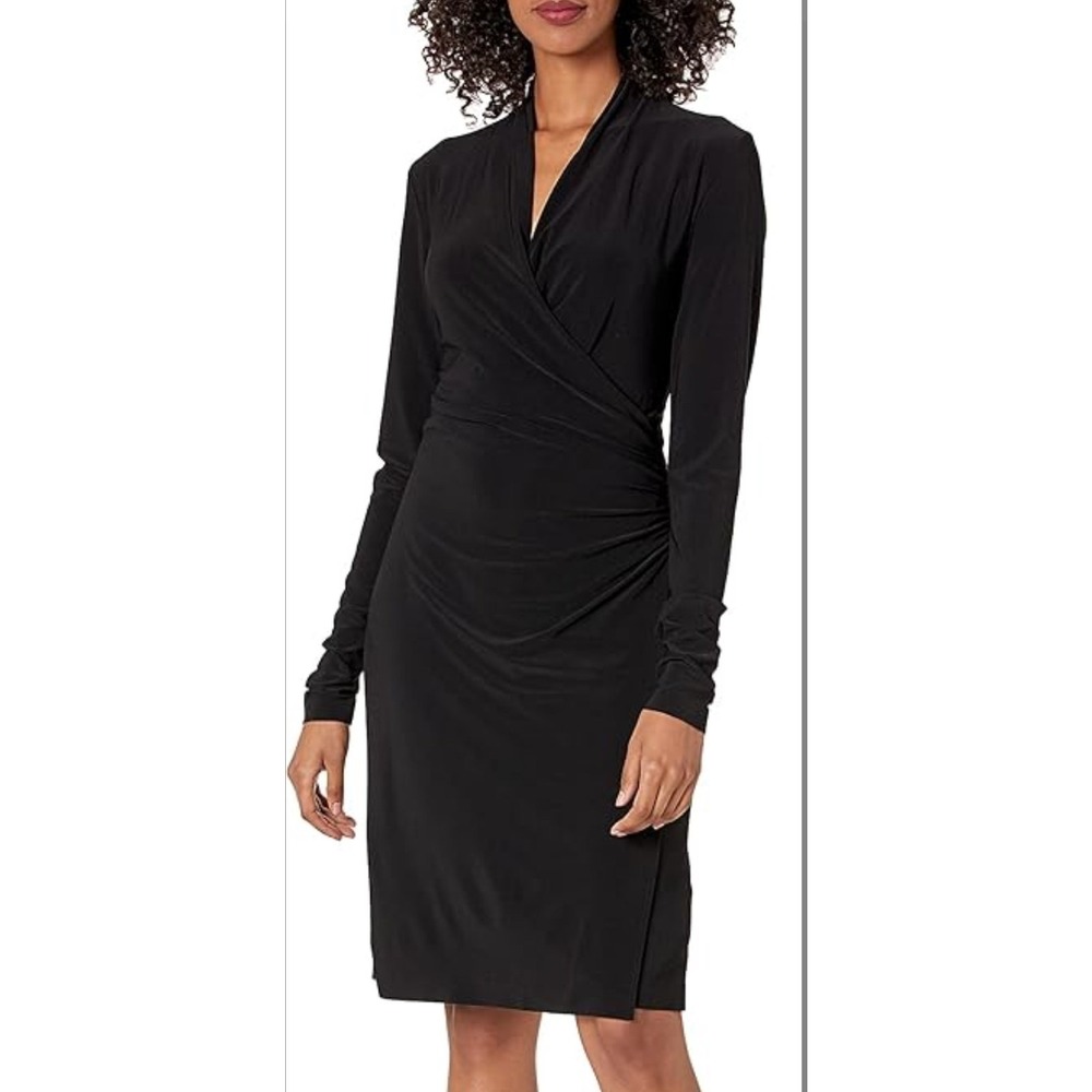 Norma Kamali Black Faux Wrap Gathered Side‎ Drape L/S Knee Length Dress -XS